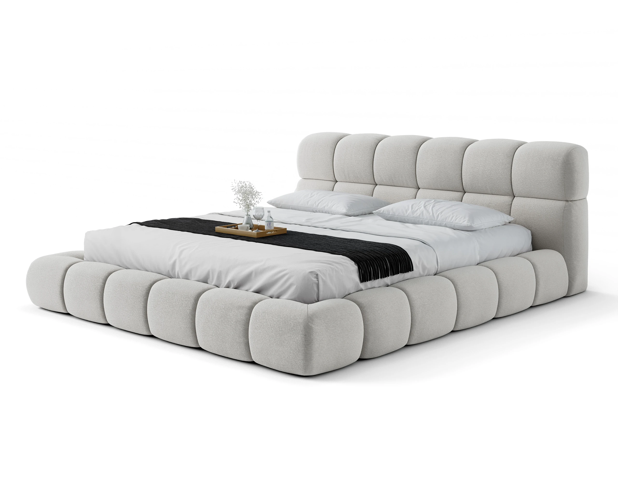 Cama Estofada Gommos AD Boutique com capitonê artesanal e estofamento premium, roupa de cama refinada, e bandeja decorativa.