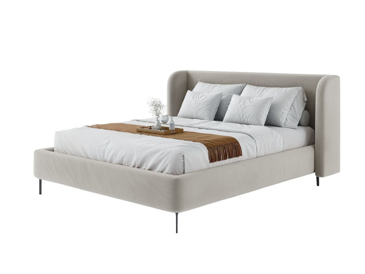 A Cama Estofada Corina AD Boutique exibe cabeceira de alta curva com capitonê, estofamento premium e enxoval exclusivo em branco.