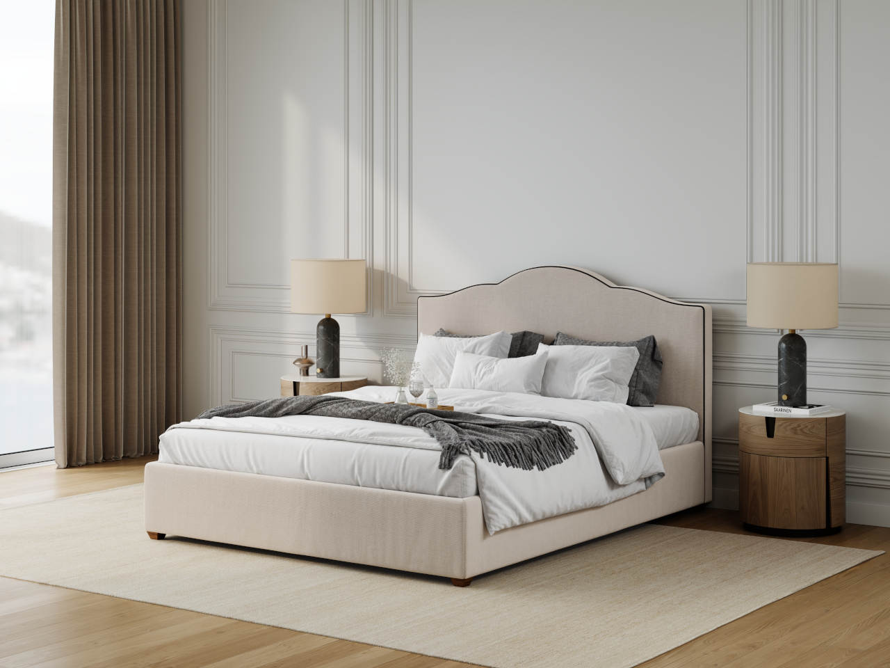 Suíte sofisticada com Cama Estofada Canada AD Boutique em linho bege com capitonê, enxoval branco premium e detalhes luxuosos.