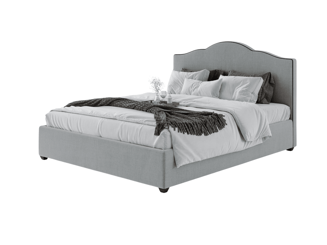 Sofisticada cama estofada AD Boutique em cinza claro com cabeceira curva e capitonê, acabamento premium, enxoval branco exclusivo.